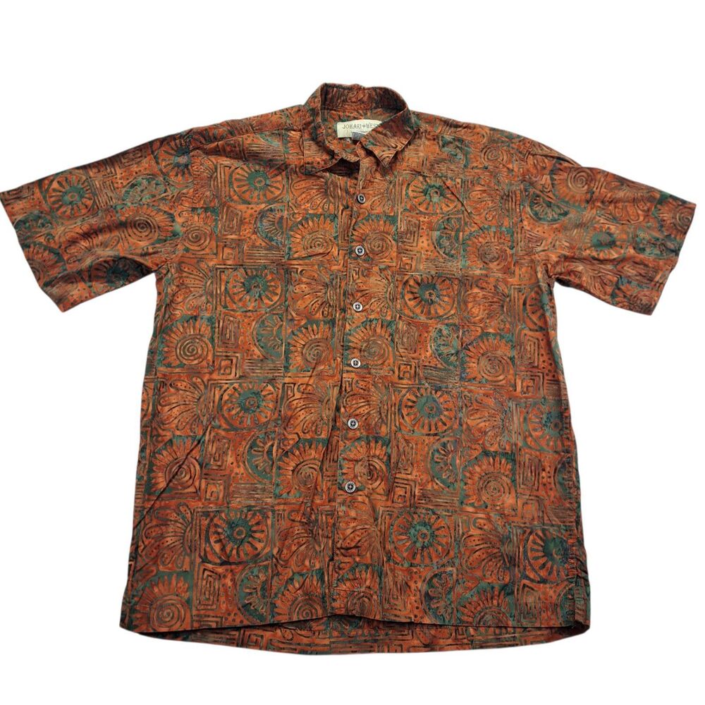 Johari West Batik Shirt Mens L Orange Tribal Geometric Abstract Hawaiian GUC